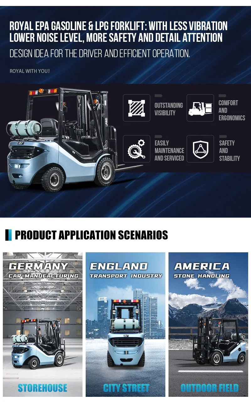 Royal Dual Fuel 3 Ton EPA Standard Engine Gasoline/LPG Forklift Telescopic Fork Lift Trucks